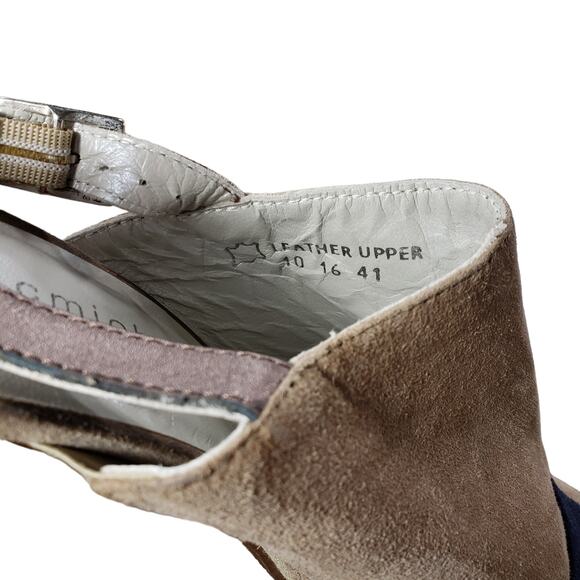 Eric Michael 10 Suede Leather Slingback Heels Womens Tan Black Block 3" Open Toe - Picture 11 of 11